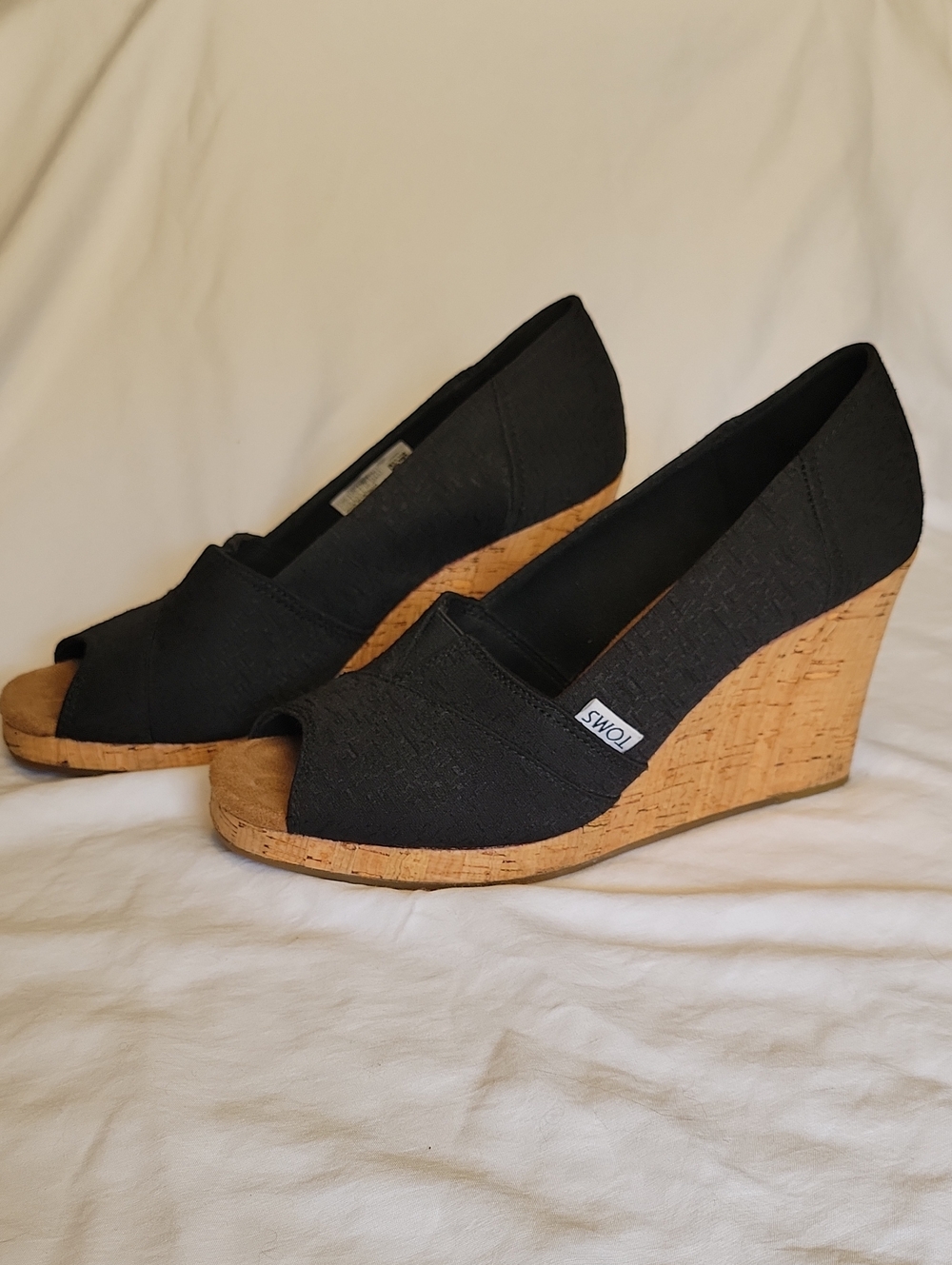 TOMS Black Cork Peep-Toe Wedge Heels